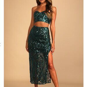Stunning Impression Emerald Green Sequin Two-Piece Midi Dress